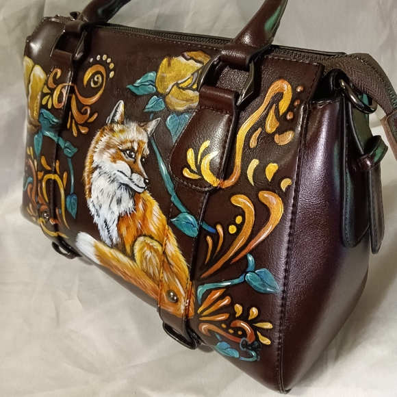 Unique HAND PAINTED Genuine LEATHER Brown *NWT* Handbag Orange Fox Gold Flowers - Picture 5 of 12